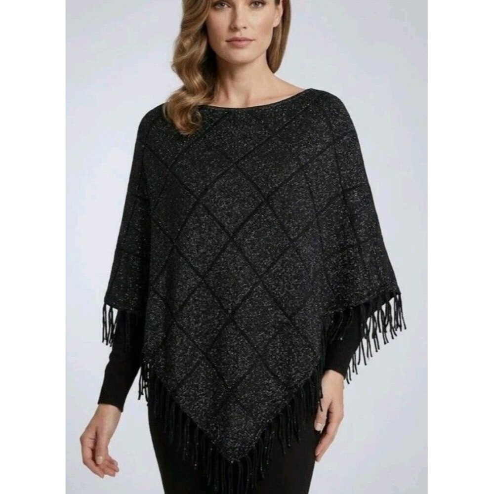 Chico's Charcoal Black Metallic Diamond Grid Knit Poncho Fringe S/M
